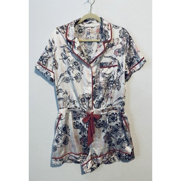 Victorias Secret Romper Womens Large Pink Stiped Floral Satin Ribbon Tie Flirty - Picture 2 of 8